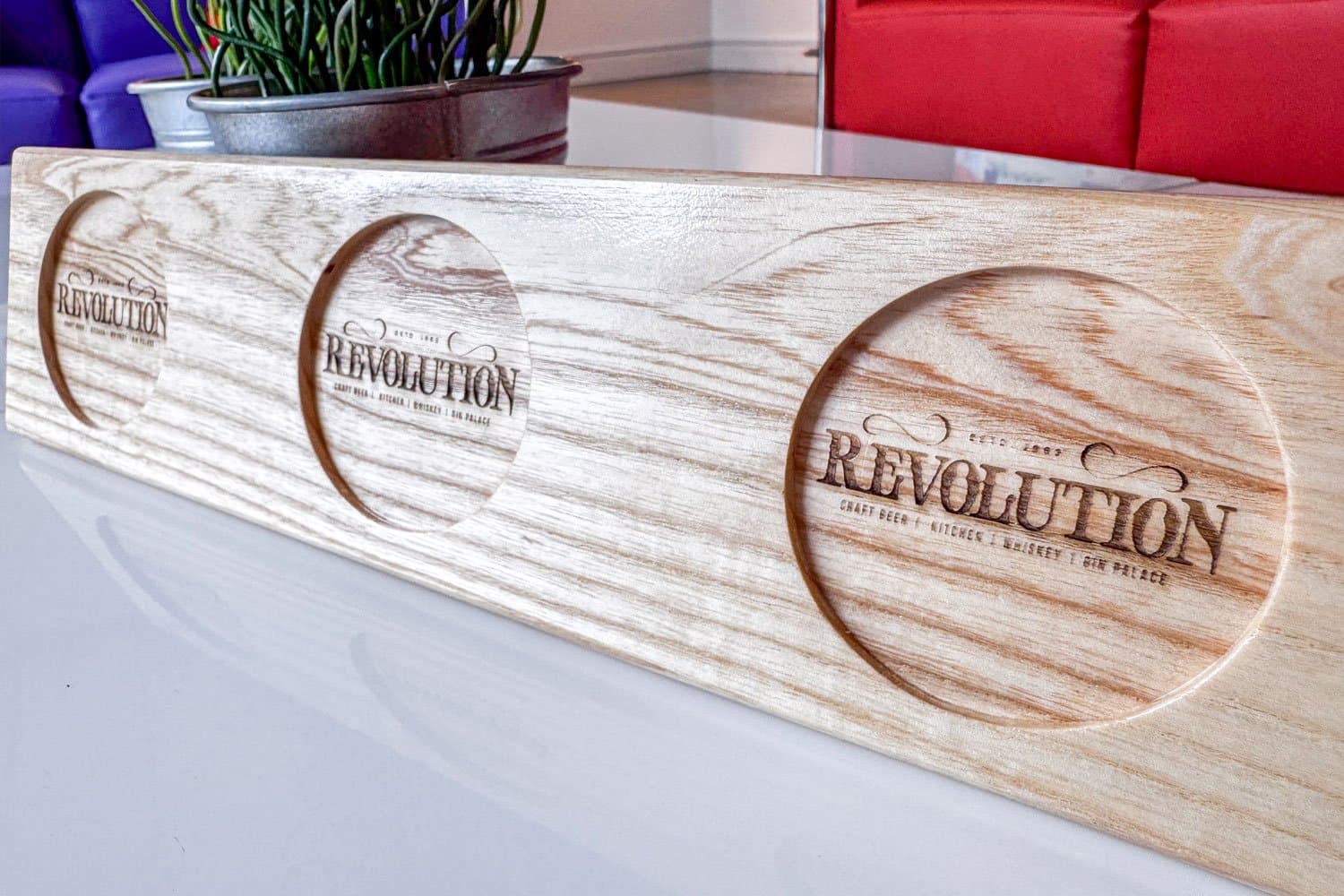 Connoisseur whiskey flight board in dark walnut
